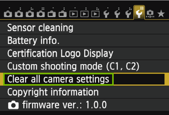 menu with clear all camera settings highlighted