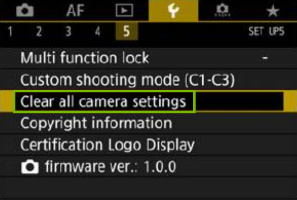 settings menu with clear all camera settings highlighted