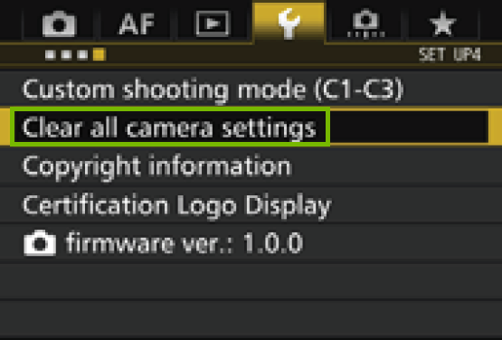 menu with clear all camera settings
