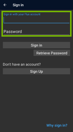 Email address and password fields