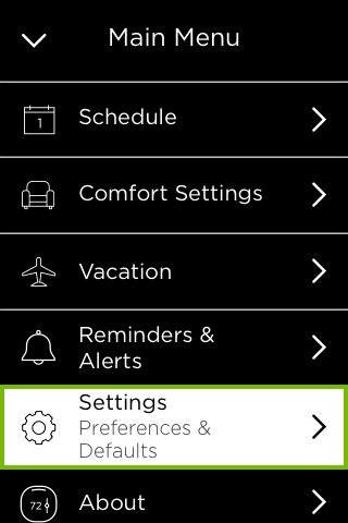 Settings option highlighted in thermostat Main Menu.