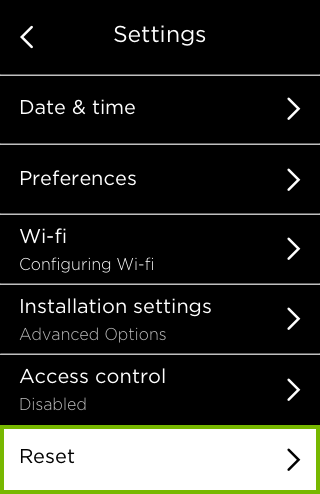 Reset option highlighted in Settings menu.