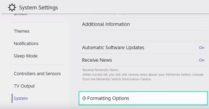 Nintendo switch system settings with formatting options selected