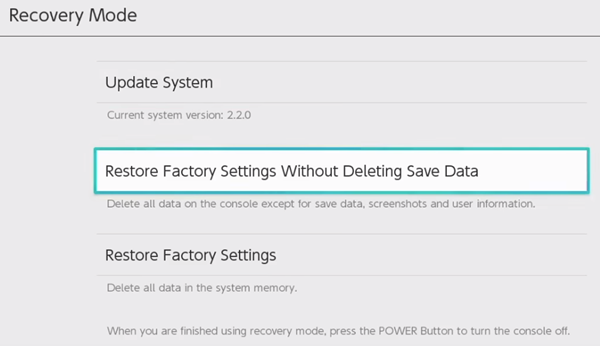 Nintendo switch factory settings restore without deleting