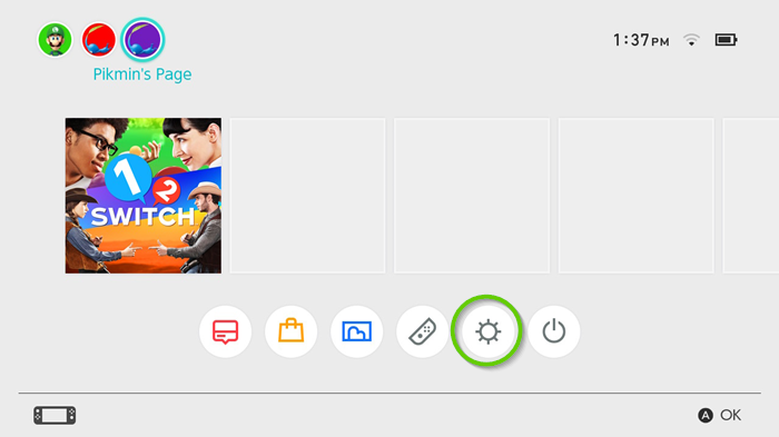 Nintendo Switch home menu showing system settings button highlighted