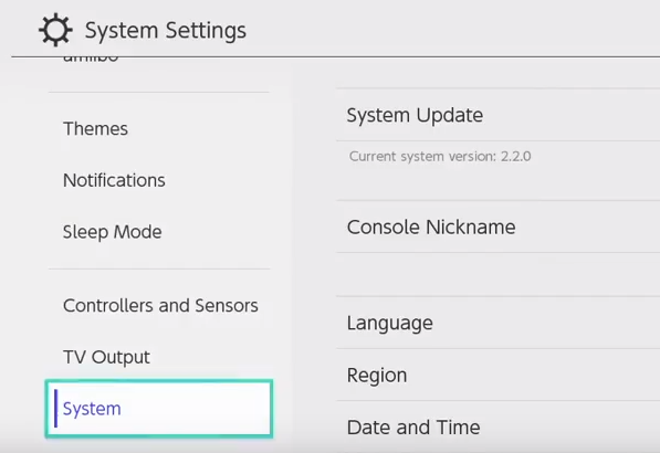 Nintendo switch system settings menu with system highlighted