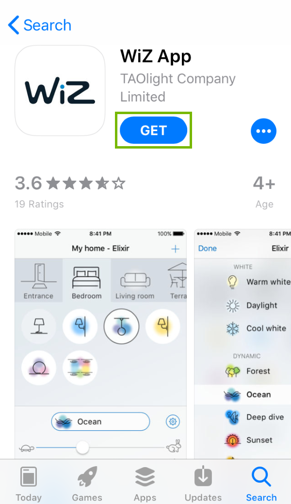 Get button highlighted in App Store for found app.