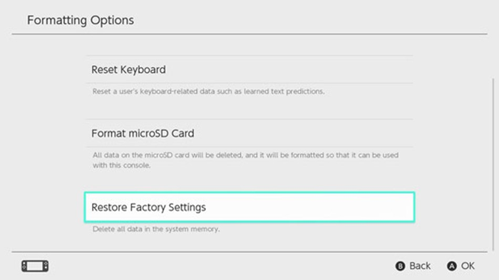 Nintendo switch formatting options with restore factory settings selected