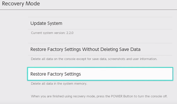 Nintendo switch restoring factory settings from recovery mode