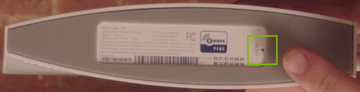 Wink Home Hub 2 bottom reset button highlighted