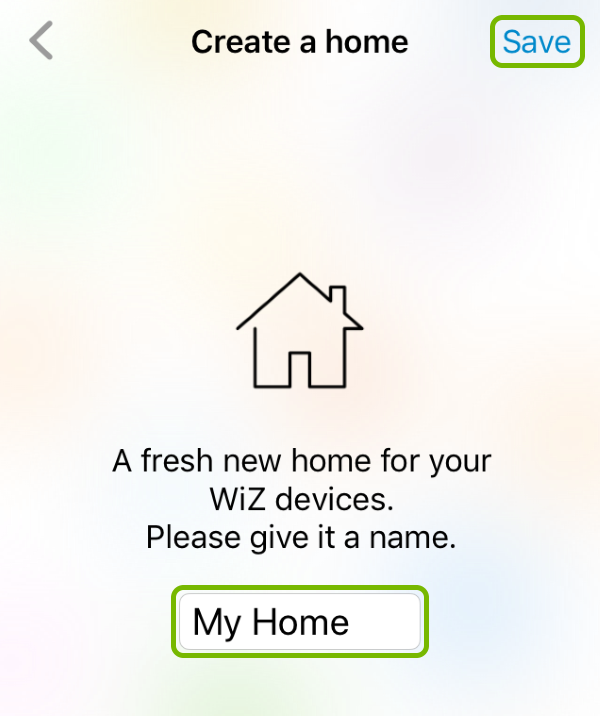 Home name entry field and Save option highlighted on the first screen after login in the WiZ app.