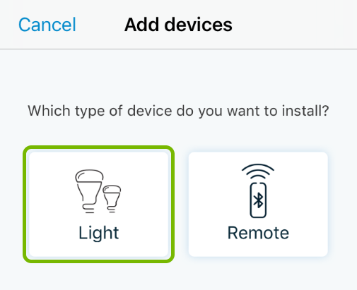 Light button highlighted in device type selection screen of WiZ app.