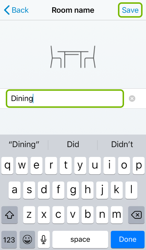 Room name entry field and Save option highlighted in WiZ app.