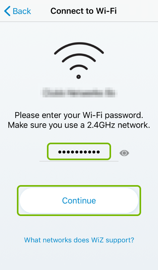 Wi-Fi password entry field and Continue button highlighted in WiZ app.