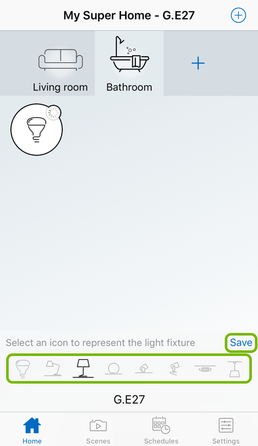 Icons choices and Save option highlighted in smart light setup of WiZ app.