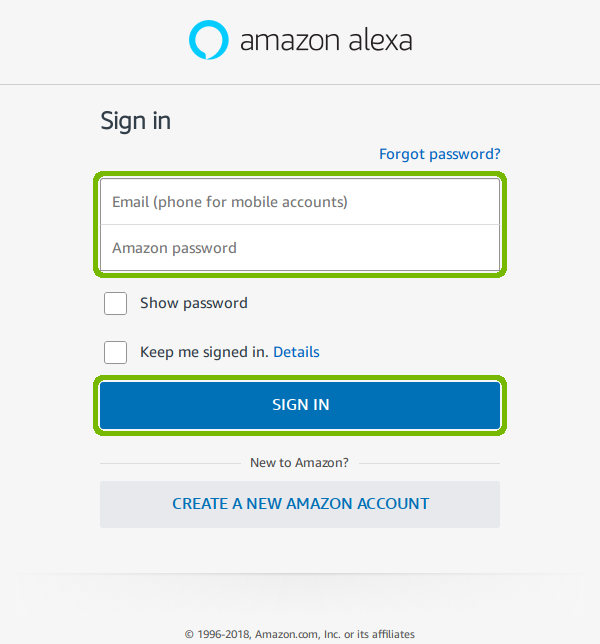 Alexa sign in with Email Password and Sign In button highlighted.