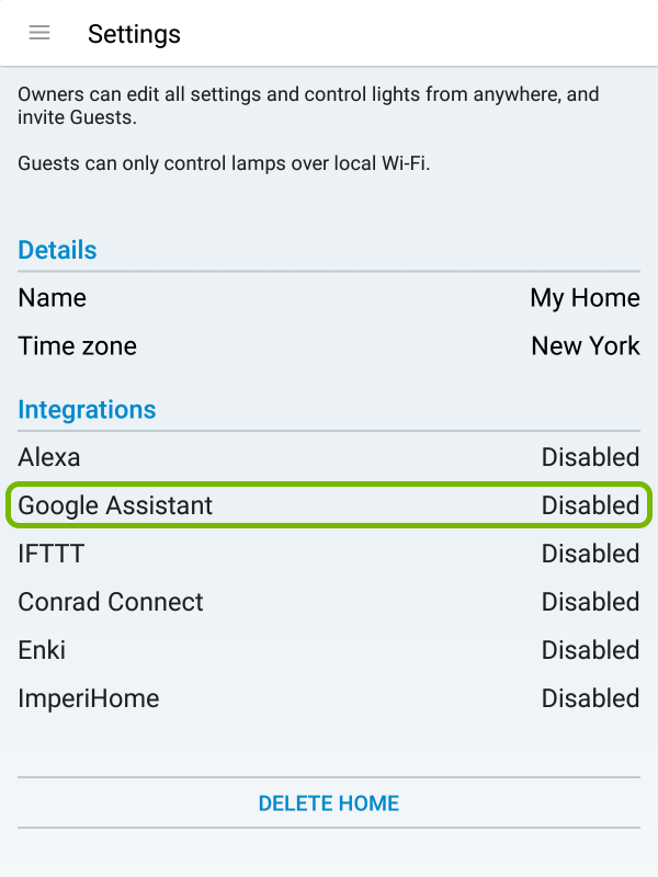 Google Assistant highlighted in WiZ app settings.