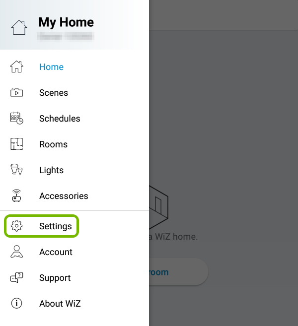 Settings option highlighted in WiZ app.
