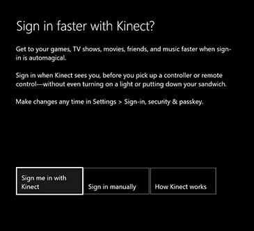 Sign up faster with Kinect prompt. Screenshot.
