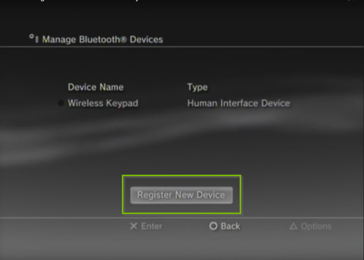 Manage Bluetooth Devices with Register New Device selected. Screenshot.