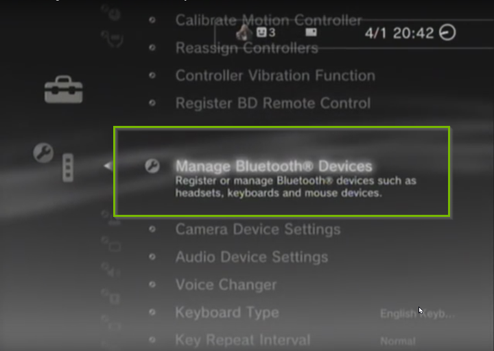 Accessory Settings menu with Manage Bluetooth Devices selected. Screenshot.