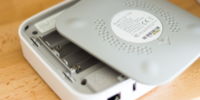 The back of a Smartthings hub with the battery panel removed