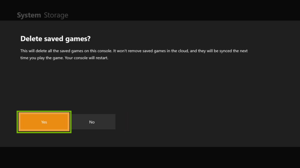 Delete saved games confirmation screen with Yes selected. Screenshot.