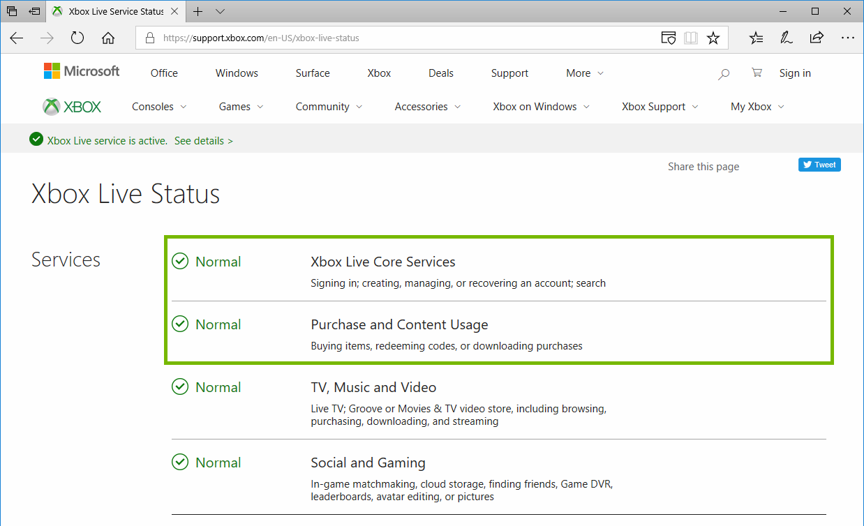 Xbox Live Status web page highlighting the current Service status.