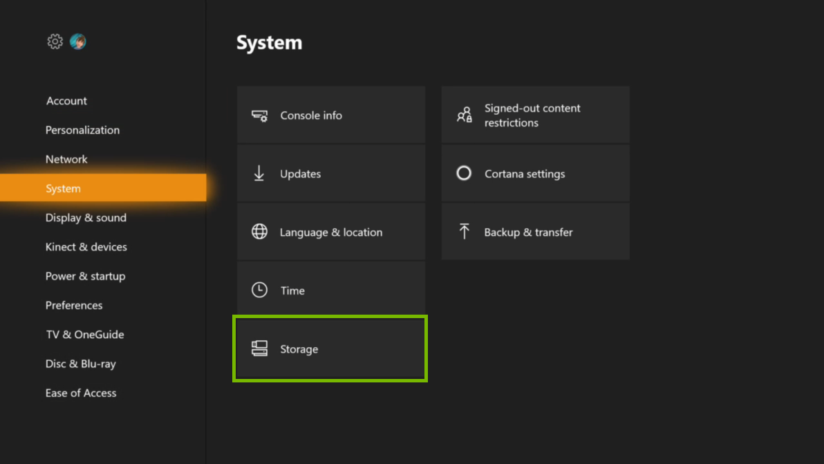 System menu with Storage selected. Screenshot.