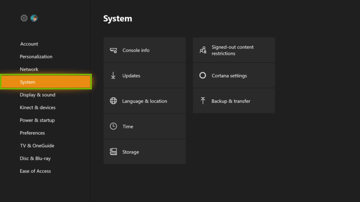 Settings menu with System selected. Screenshot.