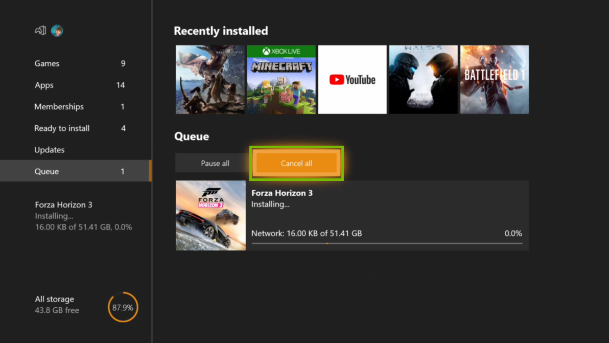 Queue menu with Cancel All selected. Screenshot.