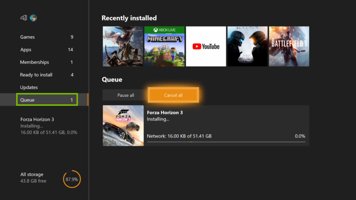 My games menu with Queue selected. Screenshot.