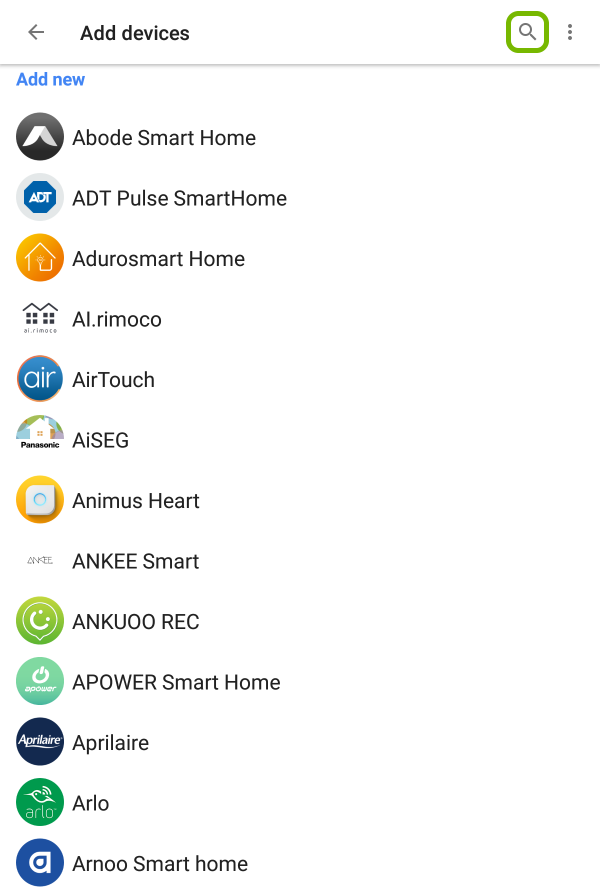 Search option highlighted when adding device in Google Home app.