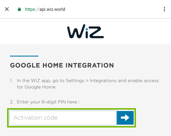 Activation code entry field highlighted Google Integration screen for WiZ devices.