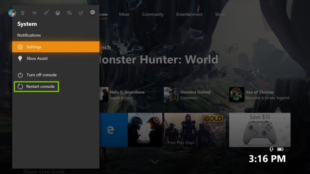 System menu with restart console highlighted.