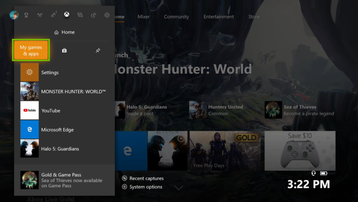 Home screen with My games and Apps open. Screenshot.