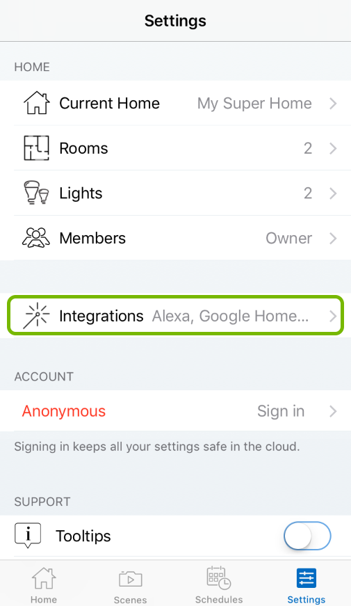 Integrations option highlighted in WiZ app settings.