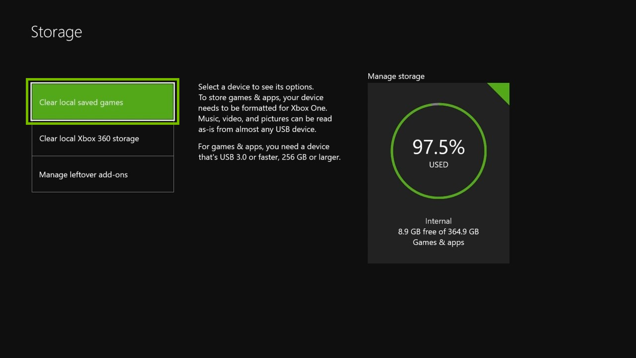 Storage menu with Clear Local Saved Games option selected. Screenshot.