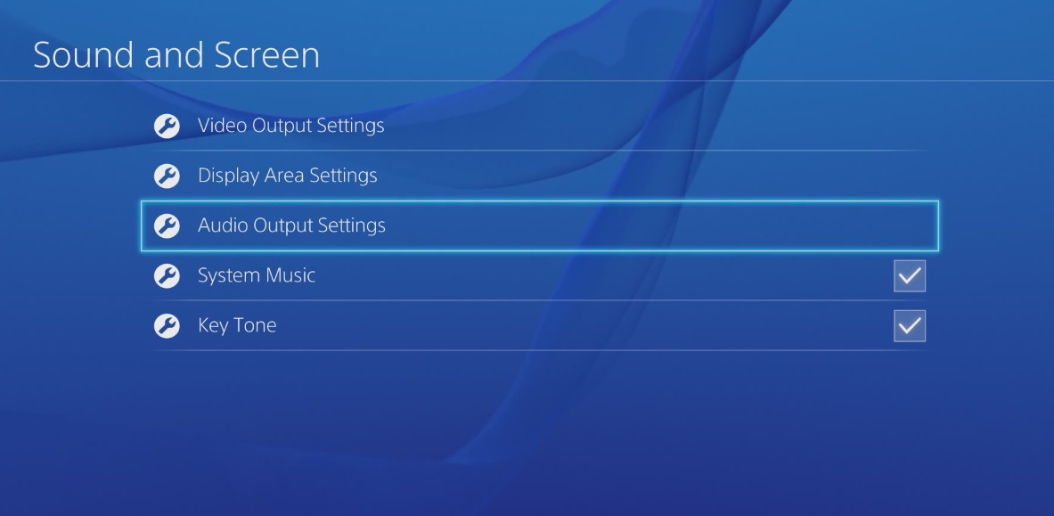 Sound and Screen settings with Audio Output Settings selected. Screenshot.