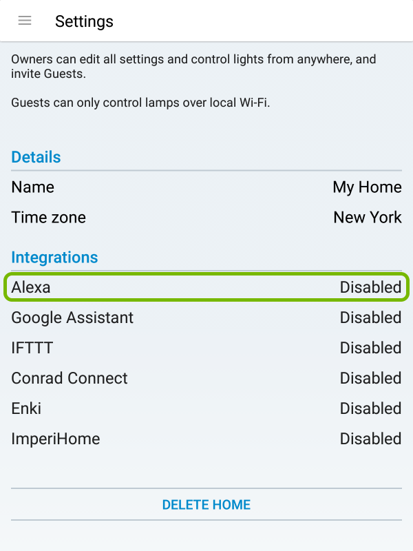 Alexa highlighted in WiZ app settings.