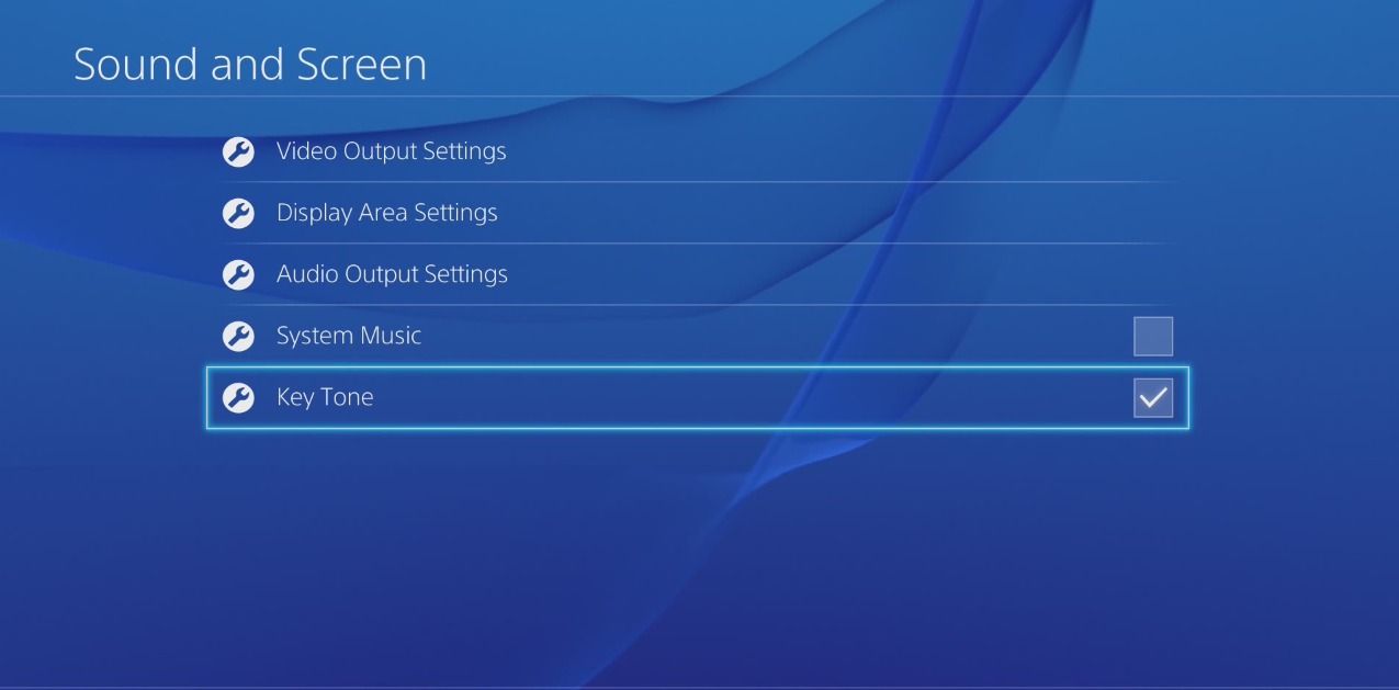 Sound and Screen settings with Key tone checked. Screenshot.