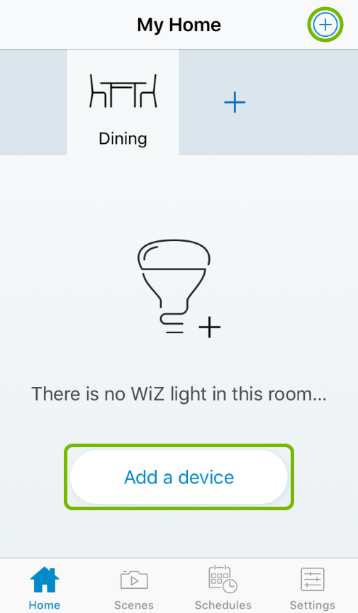 Add a device and plus buttons highlighted in WiZ app.