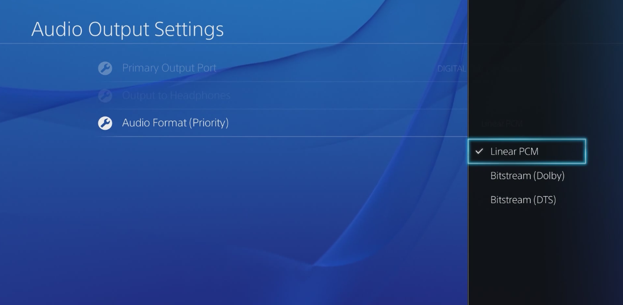 Audio Format (priority) settings with Linear PCM selected. Screenshot.