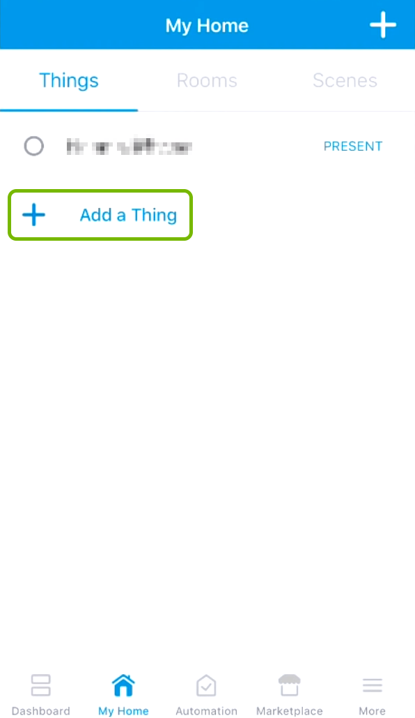 Add a Thing option highlighted in SmartThings app.