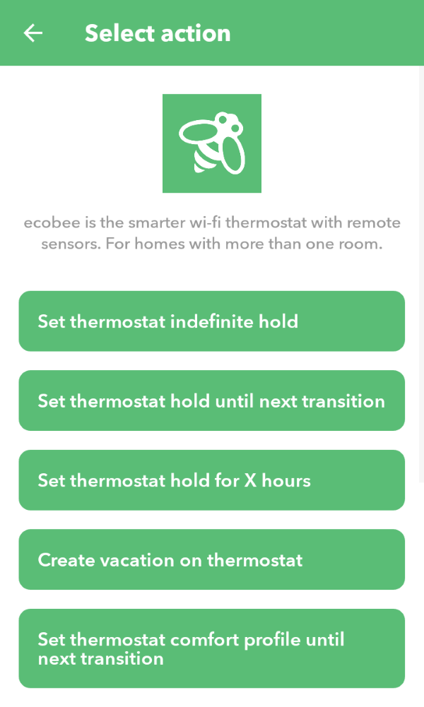 Action selection screen in IFTTT app.