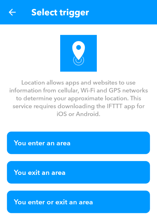 Trigger selection screen in IFTTT app.