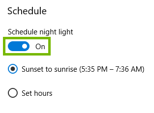 night light settings with schedule toggle highlighted