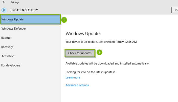 Windows 10 update and security screen with check for updates highlighted.