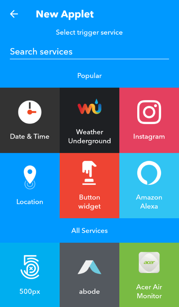 Trigger service selection screen in IFTTT app.