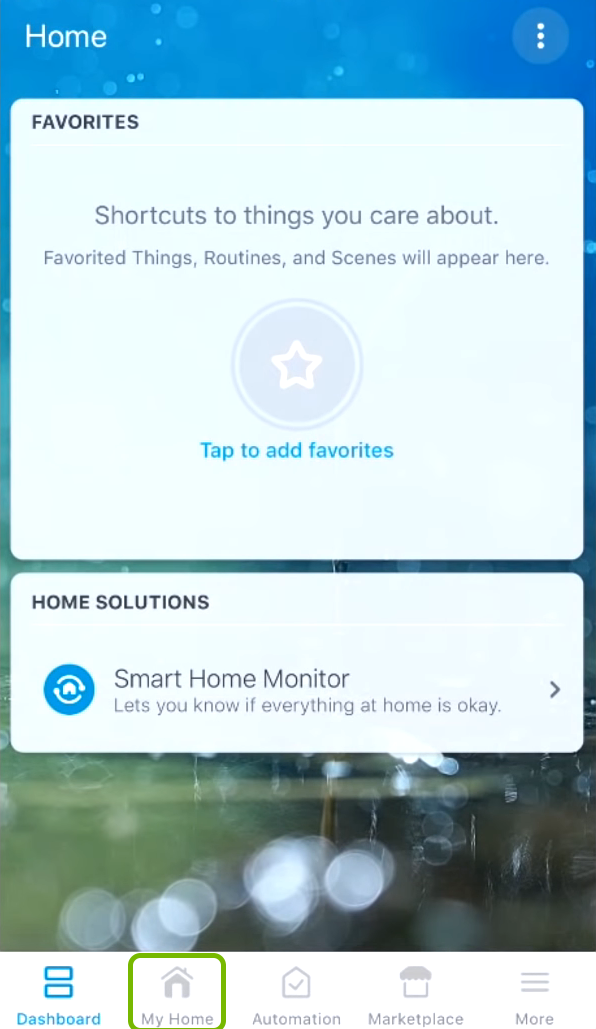 My Home tab highlighted in SmartThings app.